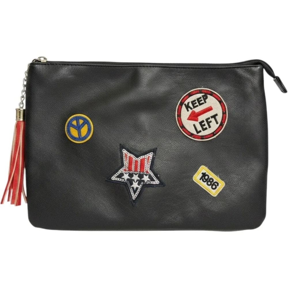 Black Faux Leather Patch Clutch Bag with Tassel Zipper Pull and Interior Pockets